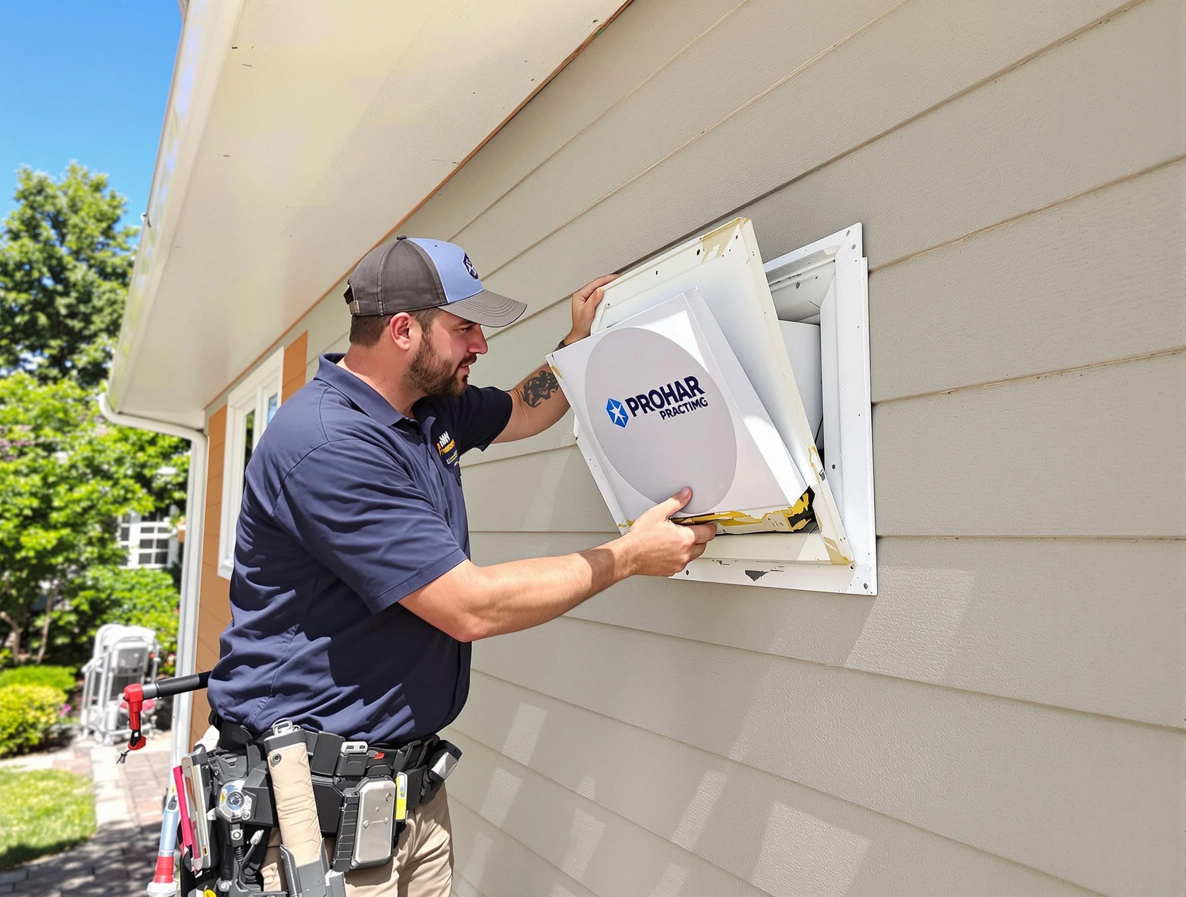 O'Hara Dryer Vent Cleaning technician installing a new protective dryer vent cover on a home in O'Hara