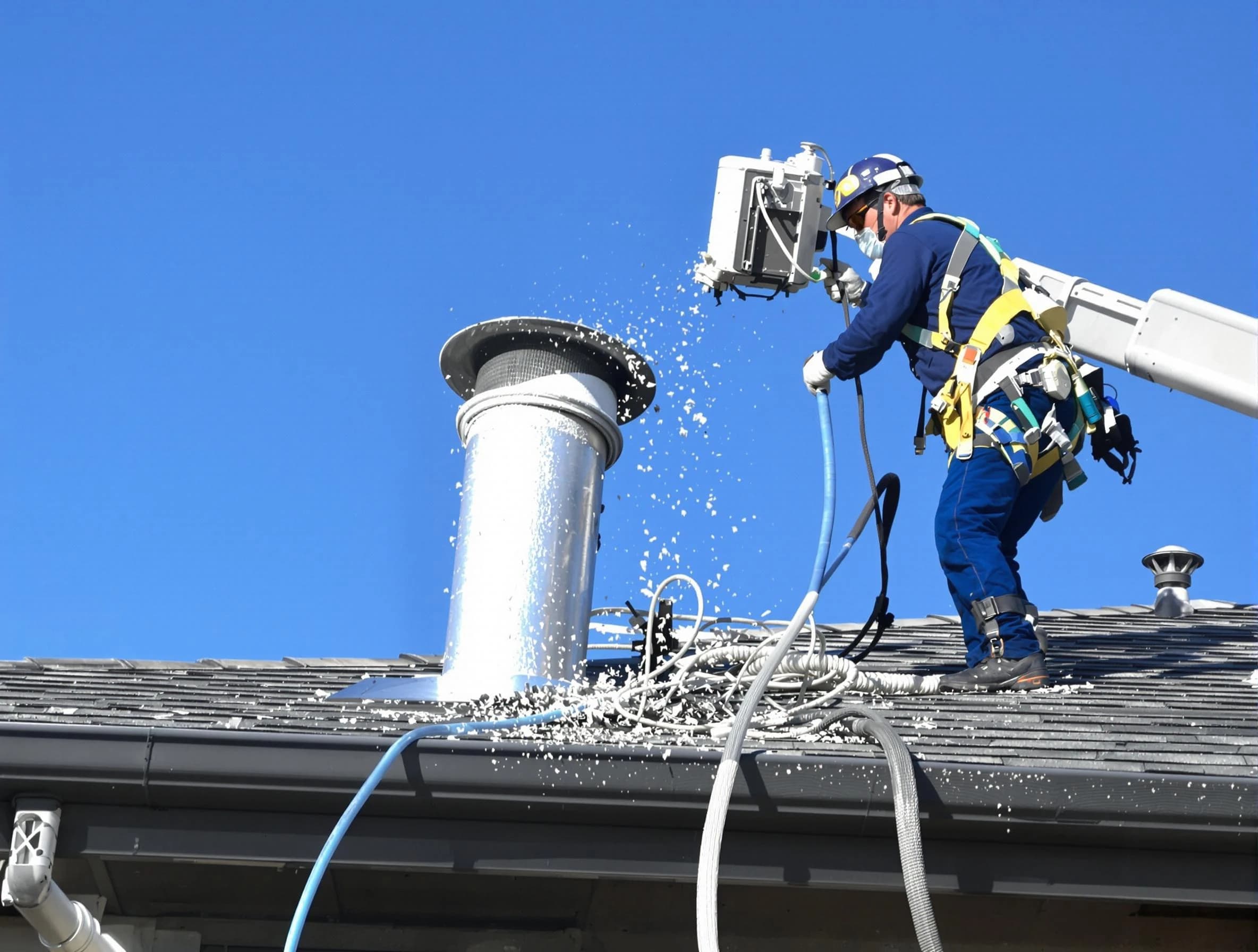 O'Hara Dryer Vent Cleaning certified technician safely cleaning a roof-mounted dryer vent in O'Hara